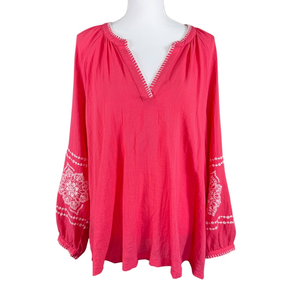 Calypso St Barth Coral Pink Embroidered Balloon Sleeve Tunic Top Relaxed XL